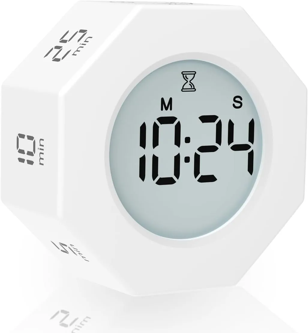 Octagon Pomodoro Timer Clock, Productivity Timer Cube, Octagonal Gravitational Flip Focus ，Mute & Adjustable Sound Alert, ADHD, Study,3/5/10/25/30/60/90min Min & Custom Countdown (White)