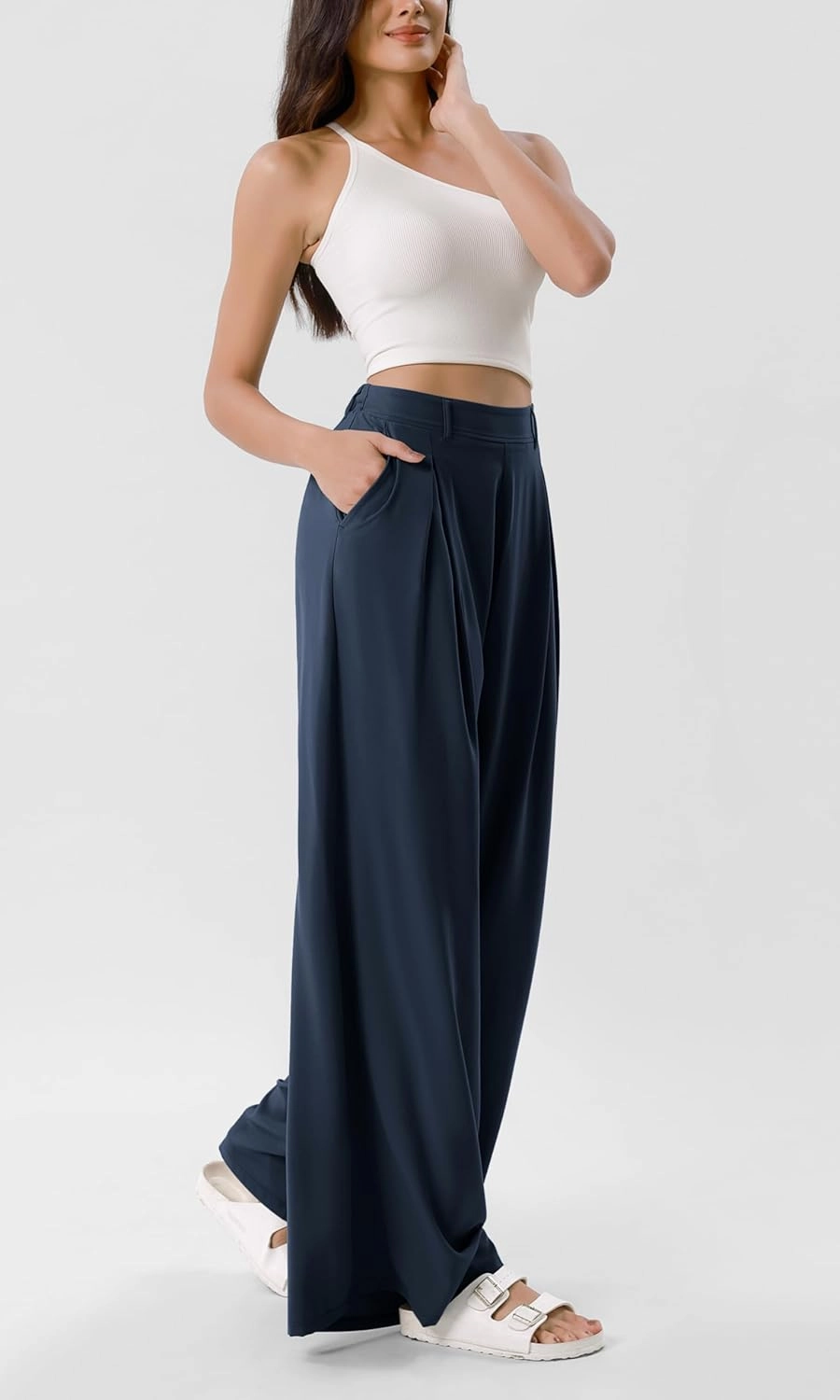 ODODOS Chiffon Flowy Pleated Wide Leg Pants for Women Lightweight High Waist Trouser with Pockets-27/29" /31" Inseam