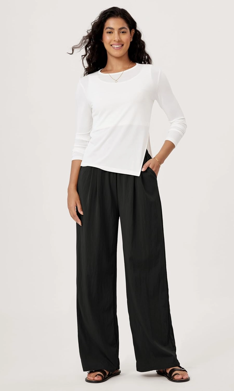 ODODOS Women's Wide Leg Pants with Pockets Crinkle Comfy High Waist Pull-On Lounge Casual Pants