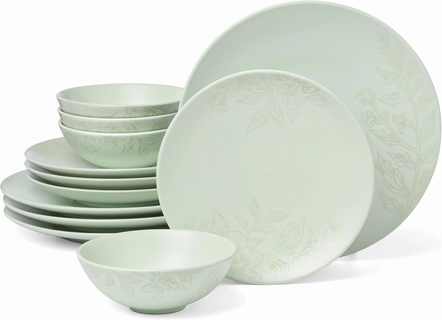 Oneida 897395 Roseto 12-Piece Dinnerware Set, Soft Sage