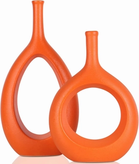 Orange Ceramic Vase Set 2,Modern Hollow Circle with Hole Flower Vase for Home Decor,for Table Centerpieces,Farmhouse,Fire Place,Living Room,Bedroom,Office,Bookshelf,Rustic Decor