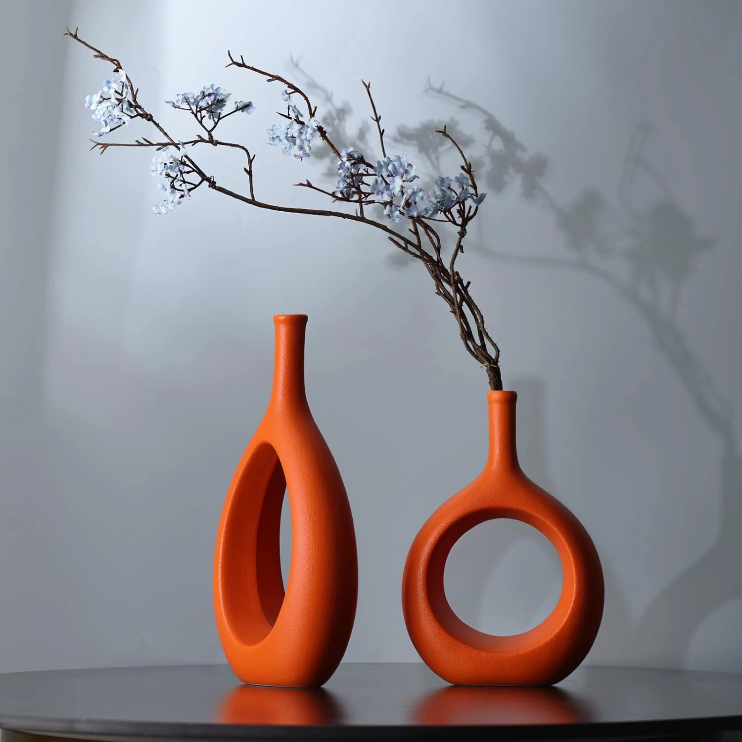 Orange Ceramic Vase Set 2,Modern Hollow Circle with Hole Flower Vase for Home Decor,for Table Centerpieces,Farmhouse,Fire Place,Living Room,Bedroom,Office,Bookshelf,Rustic Decor