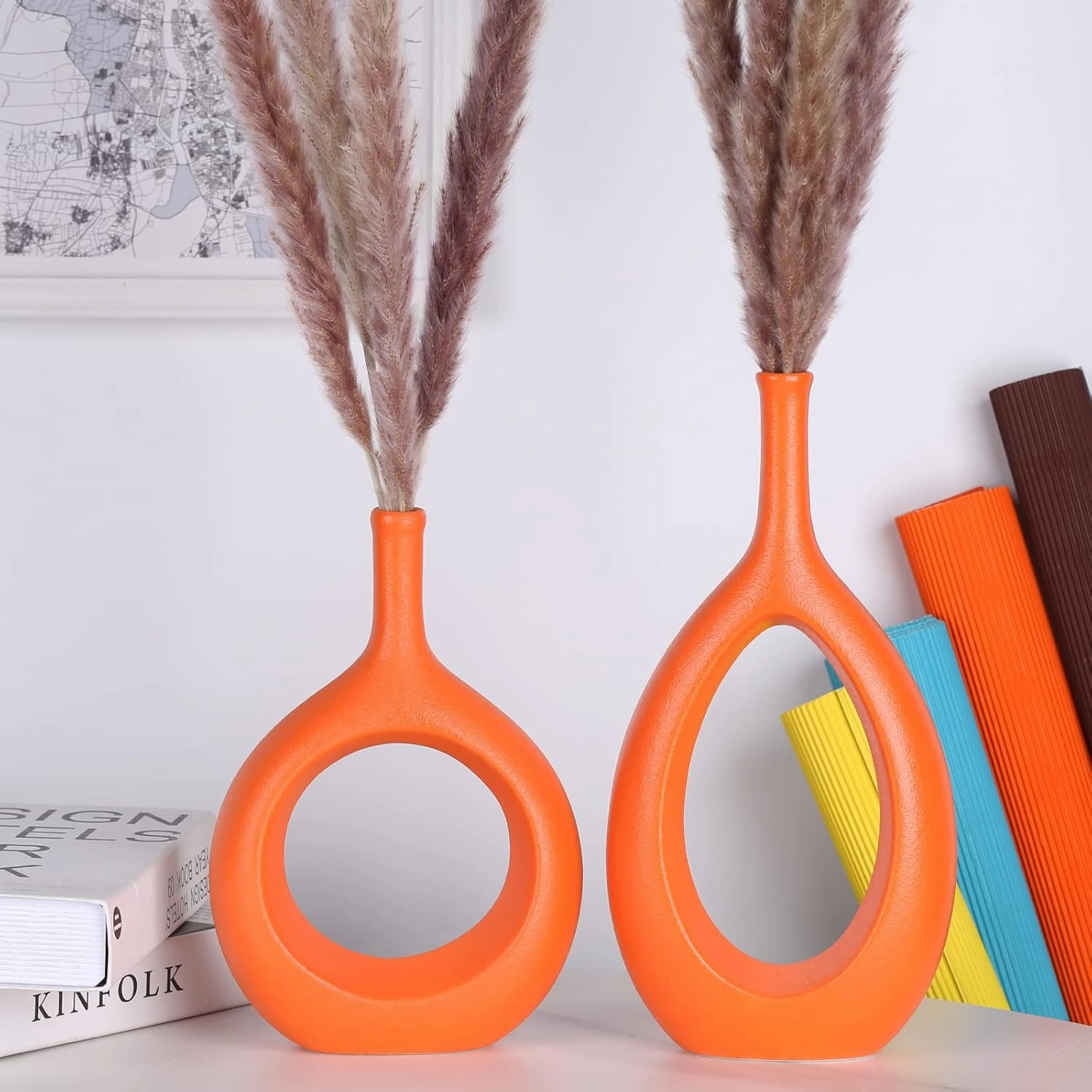 Orange Ceramic Vase Set 2,Modern Hollow Circle with Hole Flower Vase for Home Decor,for Table Centerpieces,Farmhouse,Fire Place,Living Room,Bedroom,Office,Bookshelf,Rustic Decor