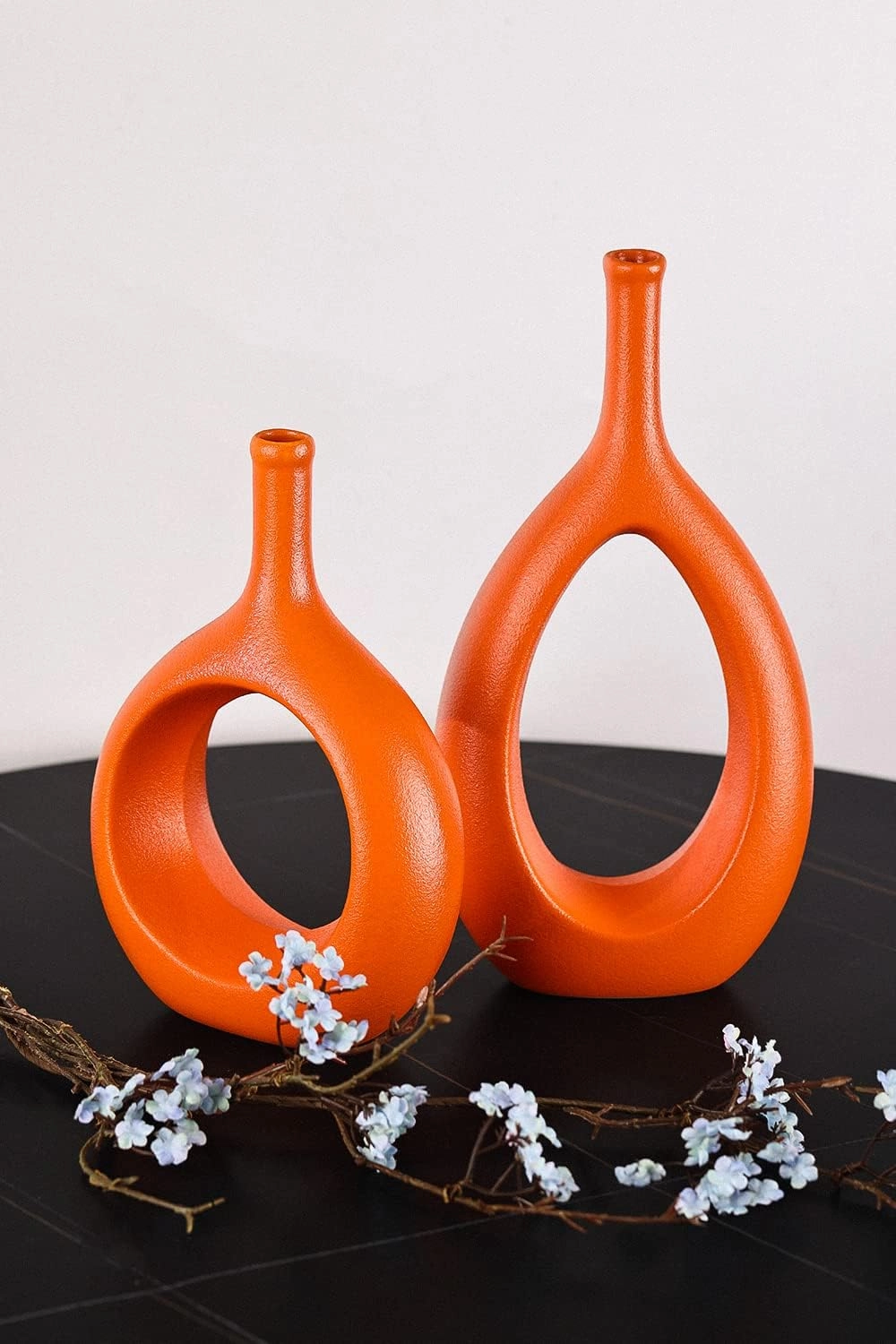 Orange Ceramic Vase Set 2,Modern Hollow Circle with Hole Flower Vase for Home Decor,for Table Centerpieces,Farmhouse,Fire Place,Living Room,Bedroom,Office,Bookshelf,Rustic Decor