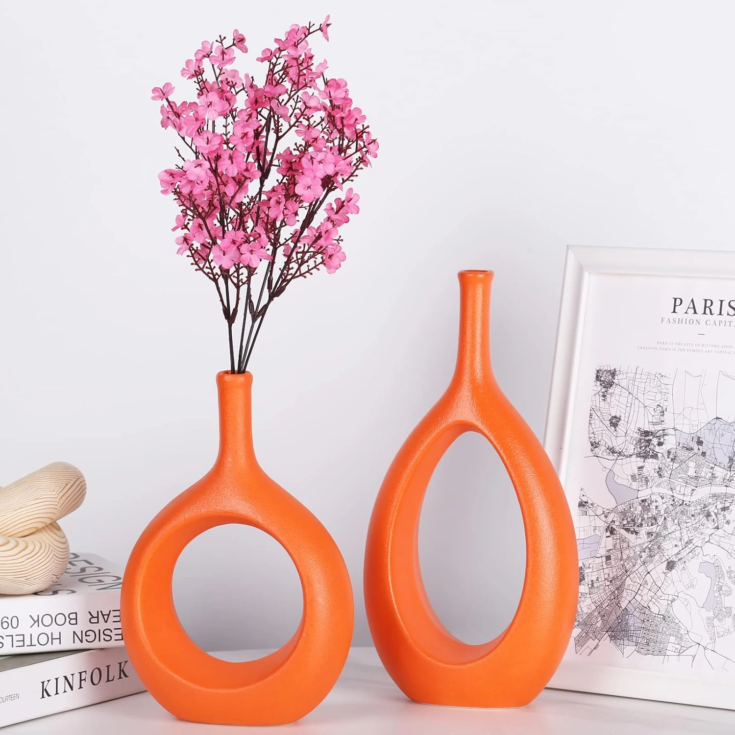 Orange Ceramic Vase Set 2,Modern Hollow Circle with Hole Flower Vase for Home Decor,for Table Centerpieces,Farmhouse,Fire Place,Living Room,Bedroom,Office,Bookshelf,Rustic Decor