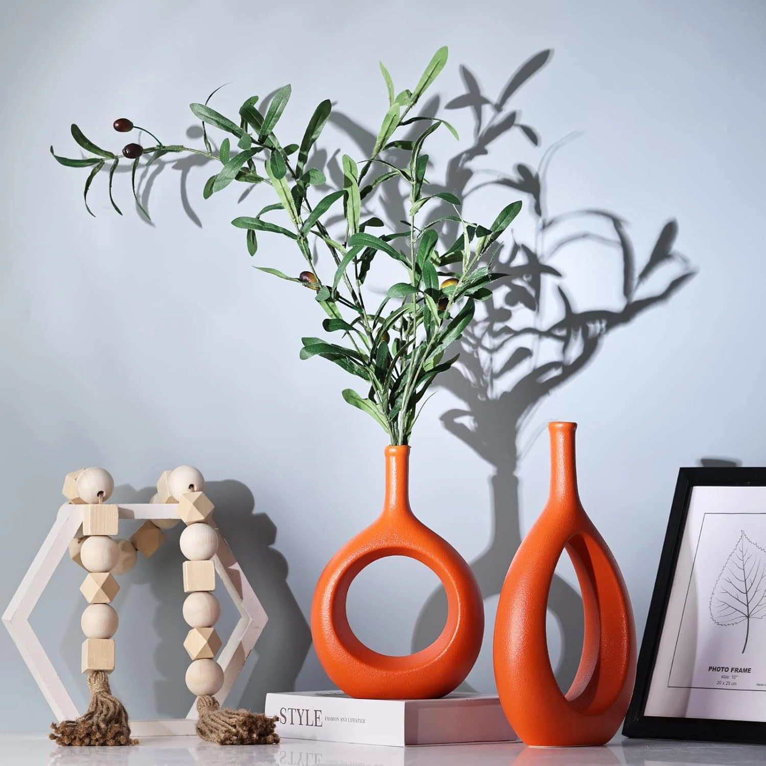 Orange Ceramic Vase Set 2,Modern Hollow Circle with Hole Flower Vase for Home Decor,for Table Centerpieces,Farmhouse,Fire Place,Living Room,Bedroom,Office,Bookshelf,Rustic Decor