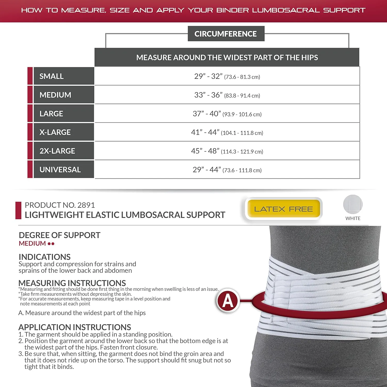 OTC Lumbosacral Support, 7-inch Lower Back, Lightweight Compression, Elastic, Black, Large