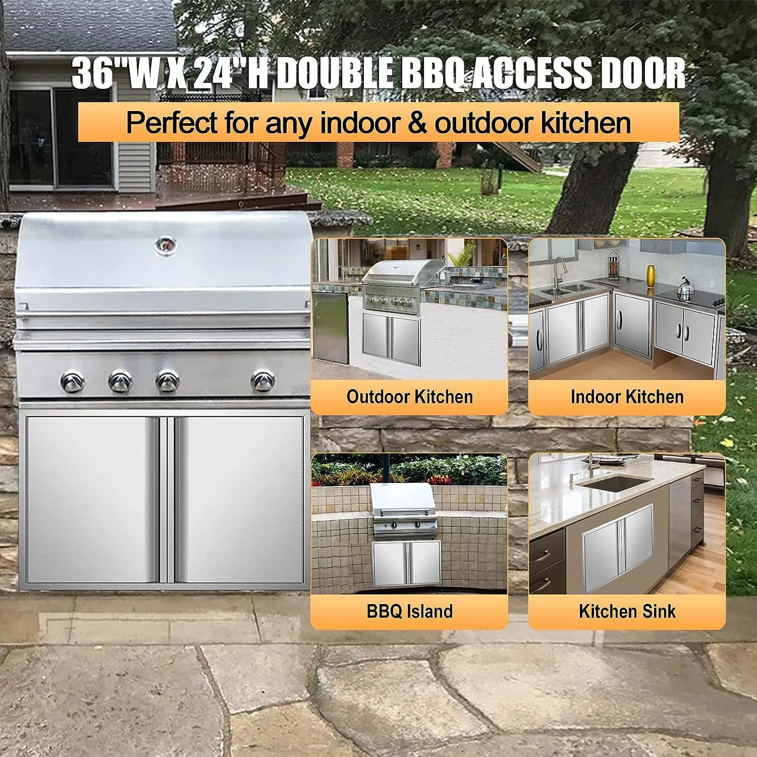 Outdoor Kitchen Doors - 36W x 24H Inch Double BBQ Access Doors, 304 Stainless Steel for Outdoor Kitchen Cabinet Grill Station or BBQ Island