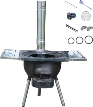 Outdoor Wood Burning Stove, Portable Stove with Folding Plate and Chimney Pipe, Removable Legs for Cooking Camping Tenting Fishing Load Capacity 150kg(48 * 48 * 52cm)