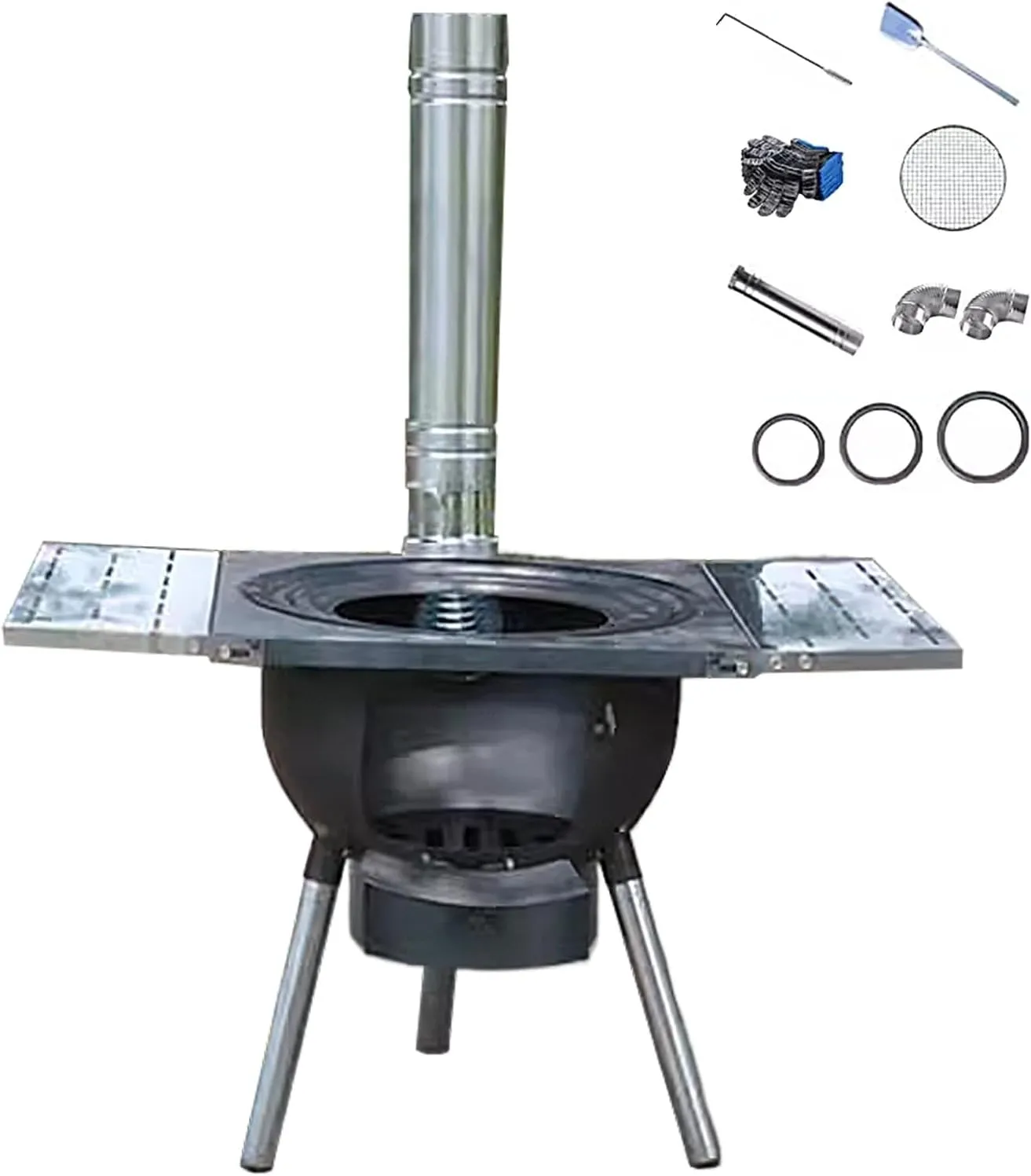 Outdoor Wood Burning Stove, Portable Stove with Folding Plate and Chimney Pipe, Removable Legs for Cooking Camping Tenting Fishing Load Capacity 150kg(58 * 58 * 59cm)