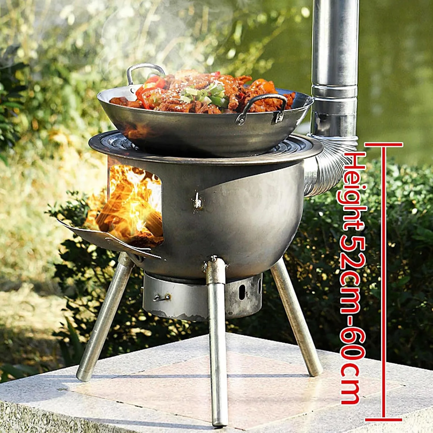 Outdoor Wood Burning Stove, Portable Stove with Folding Plate and Chimney Pipe, Removable Legs for Cooking Camping Tenting Fishing Load Capacity 150kg(58 * 58 * 59cm)