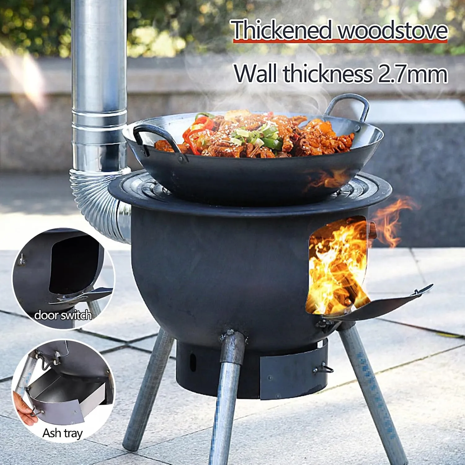 Outdoor Wood Burning Stove, Portable Stove with Folding Plate and Chimney Pipe, Removable Legs for Cooking Camping Tenting Fishing Load Capacity 150kg(58 * 58 * 59cm)
