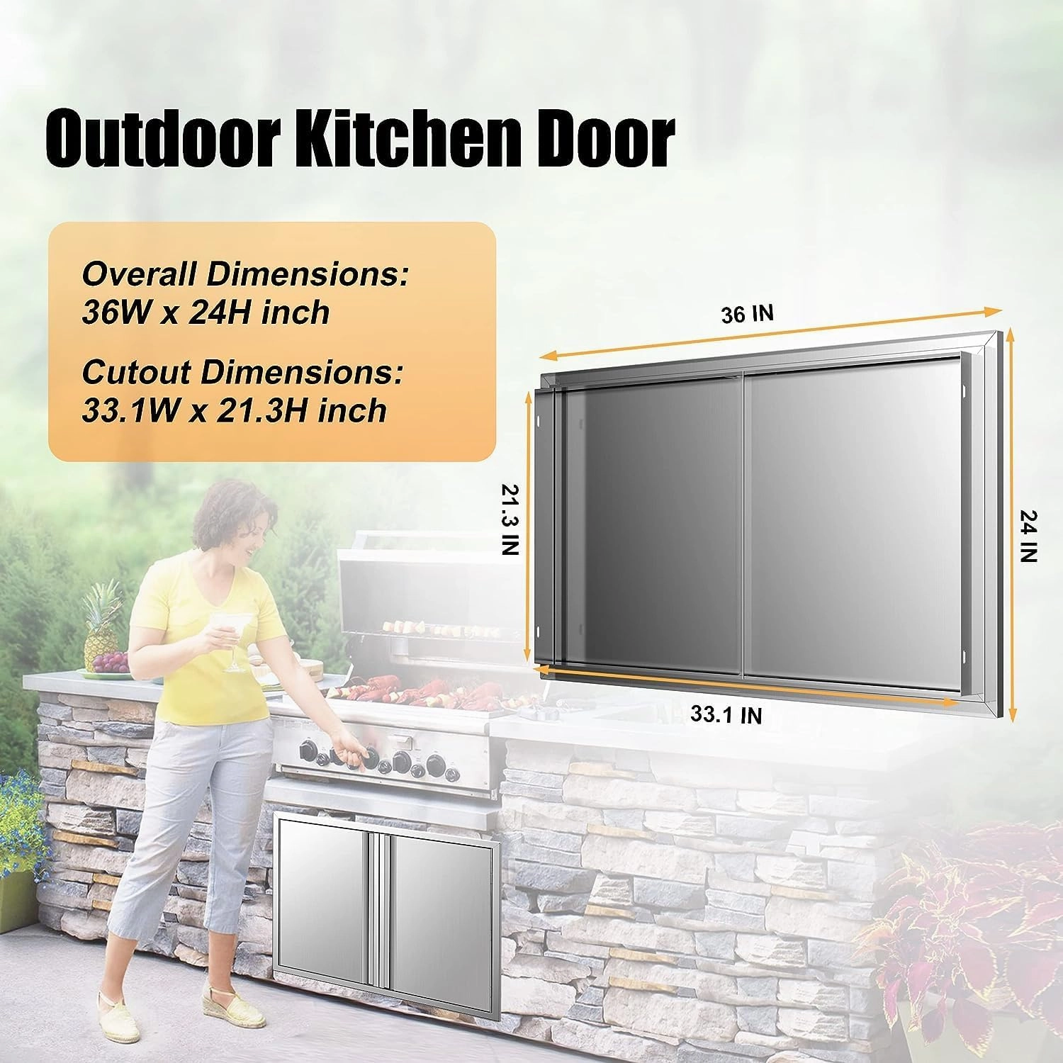 Outdoor Kitchen Doors - 36W x 24H Inch Double BBQ Access Doors, 304 Stainless Steel for Outdoor Kitchen Cabinet Grill Station or BBQ Island