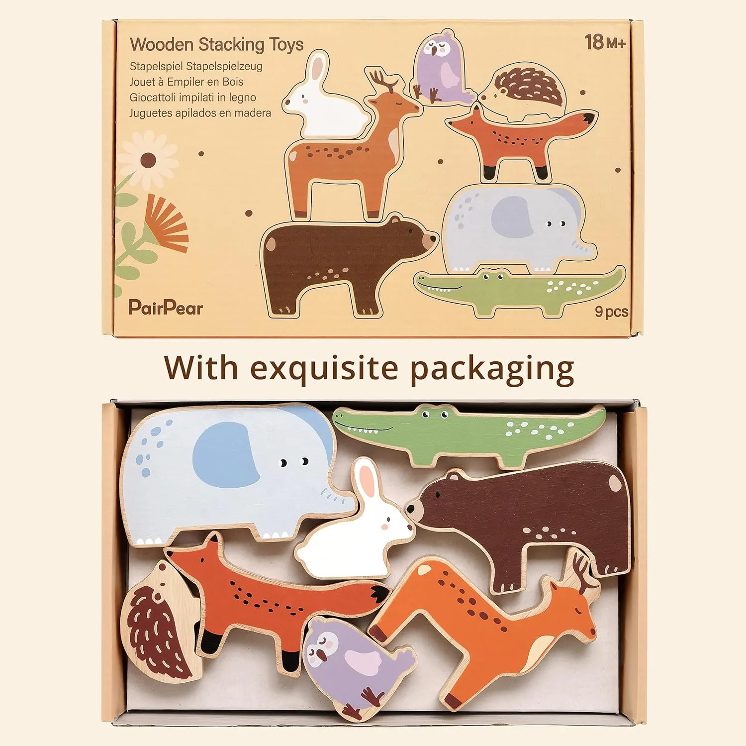 PairPear Wooden Stacking Toys for Toddlers Animals Stacking Blocks Balance Game for Preschoolers Montessori Sensory Toys with Large Blocks Educational Gift for Boys and Girls 18 Months 