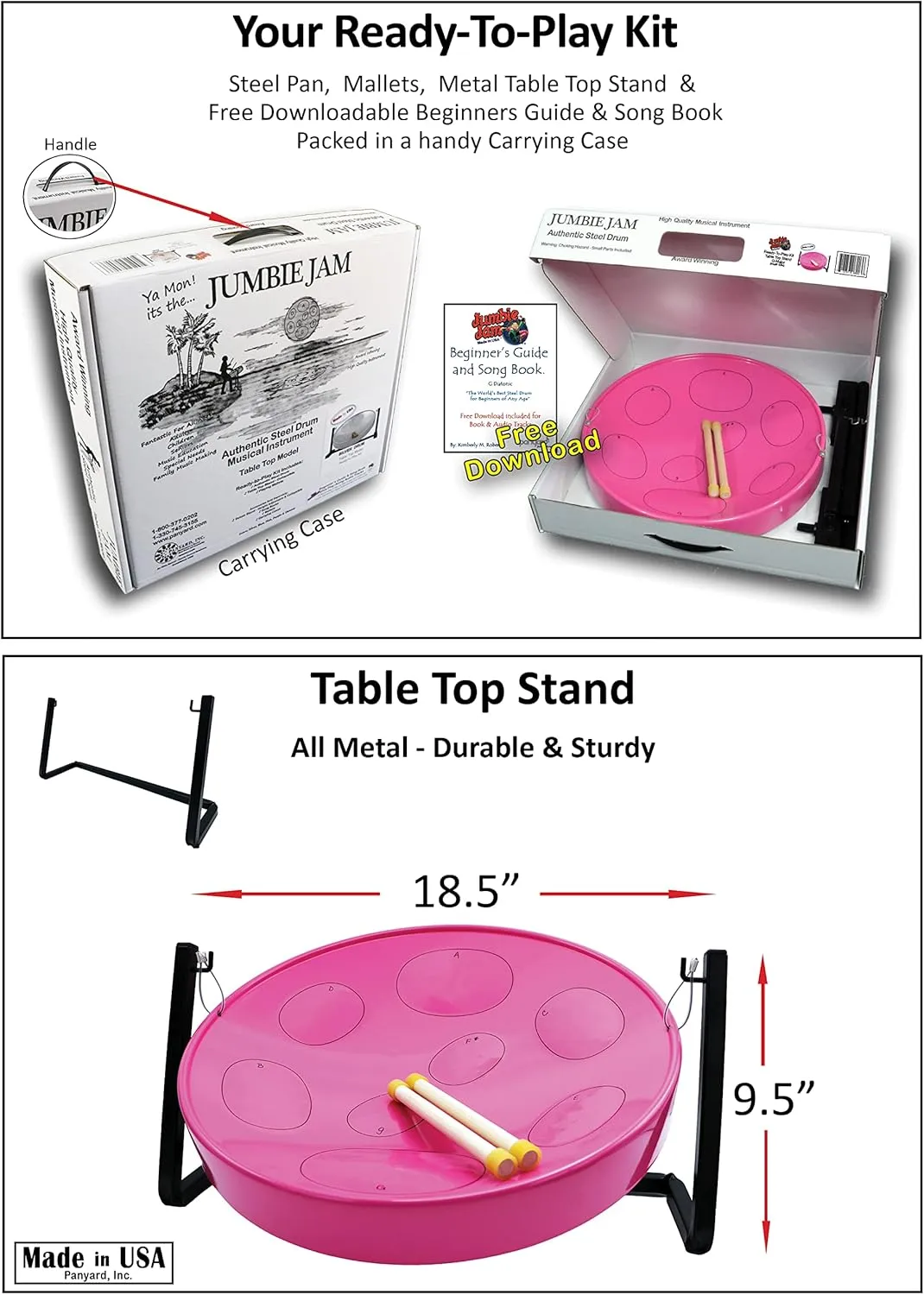 Panyard JJ Jumbie Jam Steel Ready to Play Kit-Pink G-Major with Table Top Stand-Made in USA Authentic Pan (W1086)
