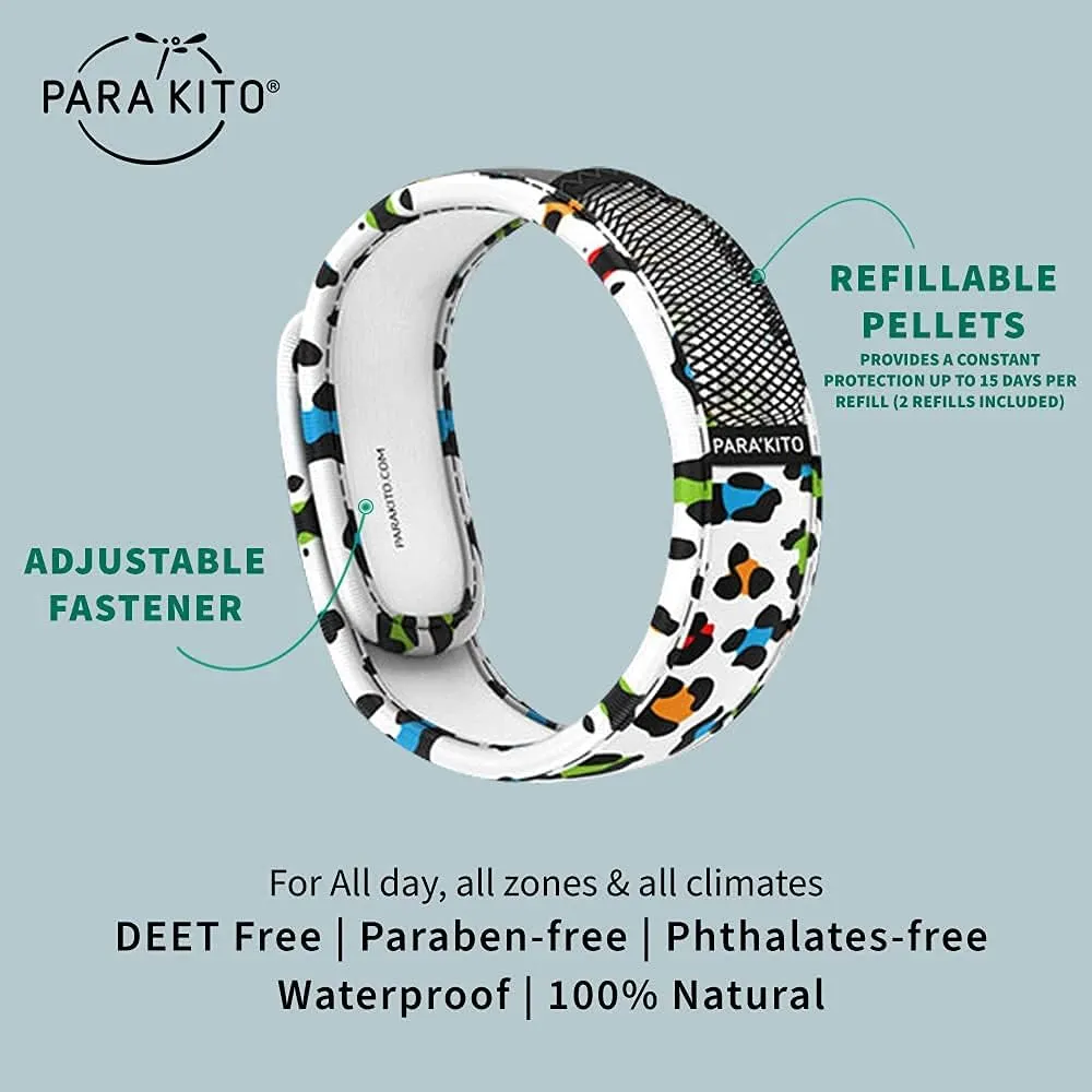 PARA'KITO Mosquito Insect & Bug Protection Wristband - Mosquito Stickers, Bug Spray Alternative - Summer Essentials, Beach Accessories, Hiking, Camping Essentials - w/Essential Oils (Leopard White)