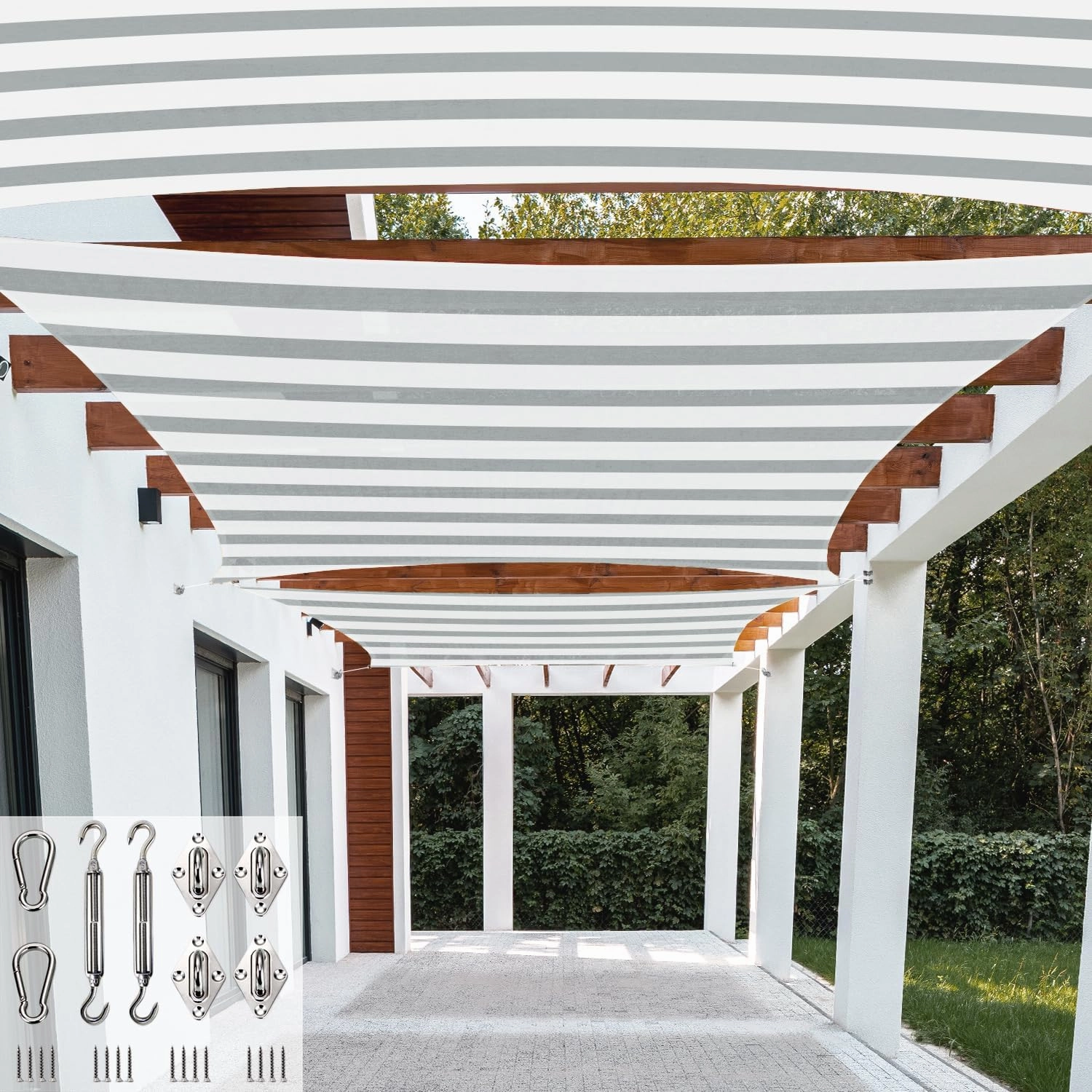 Patio Paradise 9' x 11' Gray White Stripe Sun Shade Sail Rectangle Canopy UV Block with Installation Hardware Kits Commercial Grade for Patio Backyard Lawn Garden Outdoor Activities -Customized