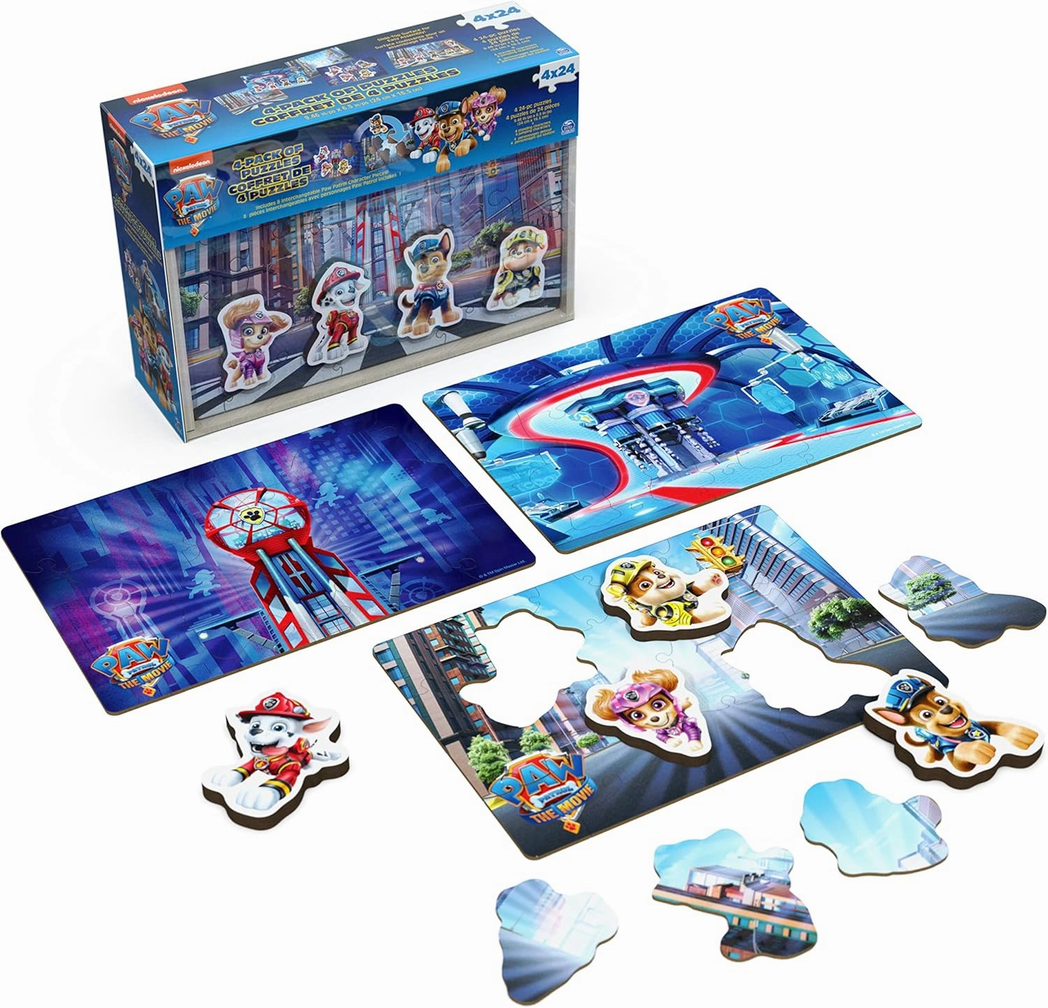 PAW Patrol: The Movie 4 Pack of Wooden Puzzles for Kids 24-Piece Jigsaw Puzzles with Interchangeable Characters for Preschoolers Ages 3 and up
