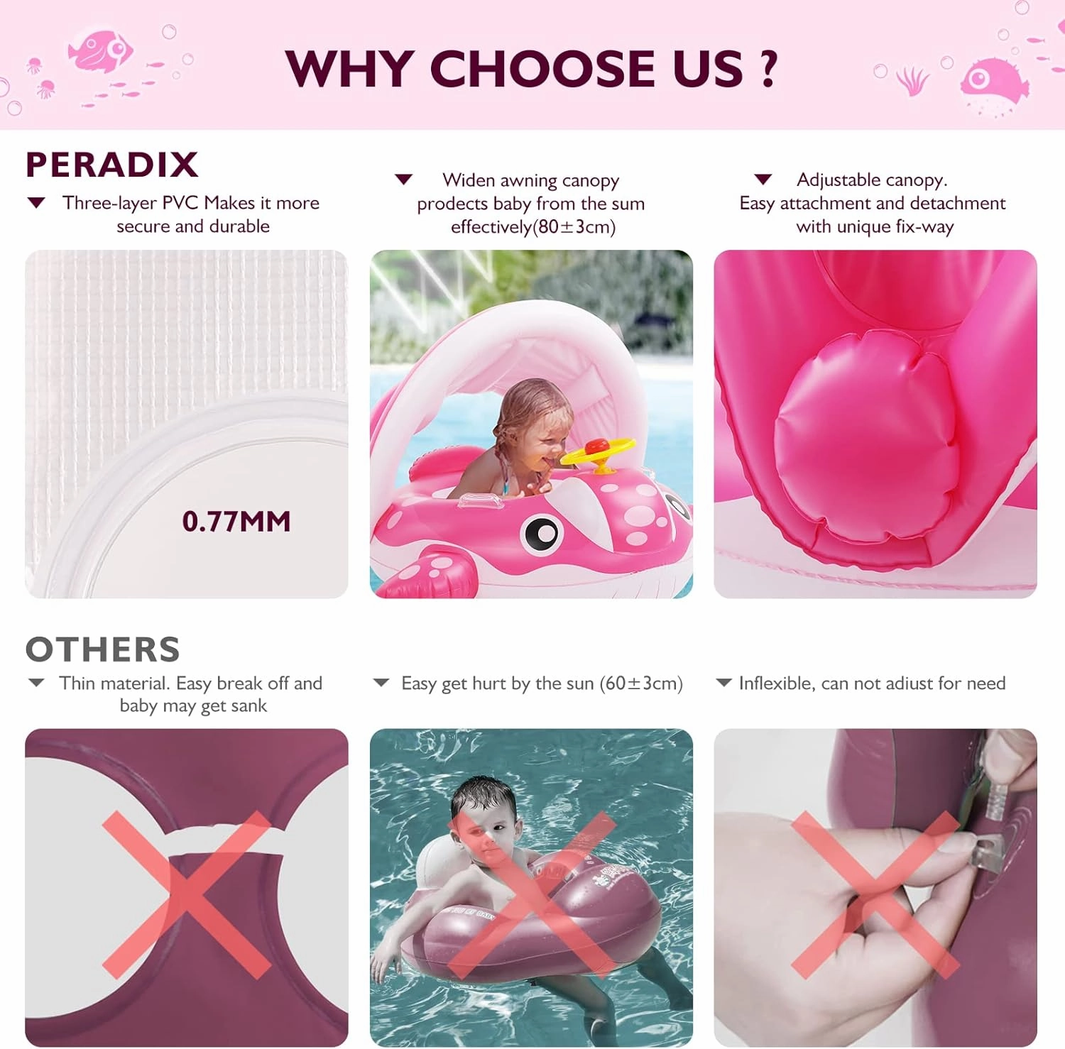 Peradix Baby Pool Float with Canopy, Inflatable Baby Swimming Ring with Removable Sun Protection Shade, Whale Toddler Floaties Water Infant Swim Float Toys