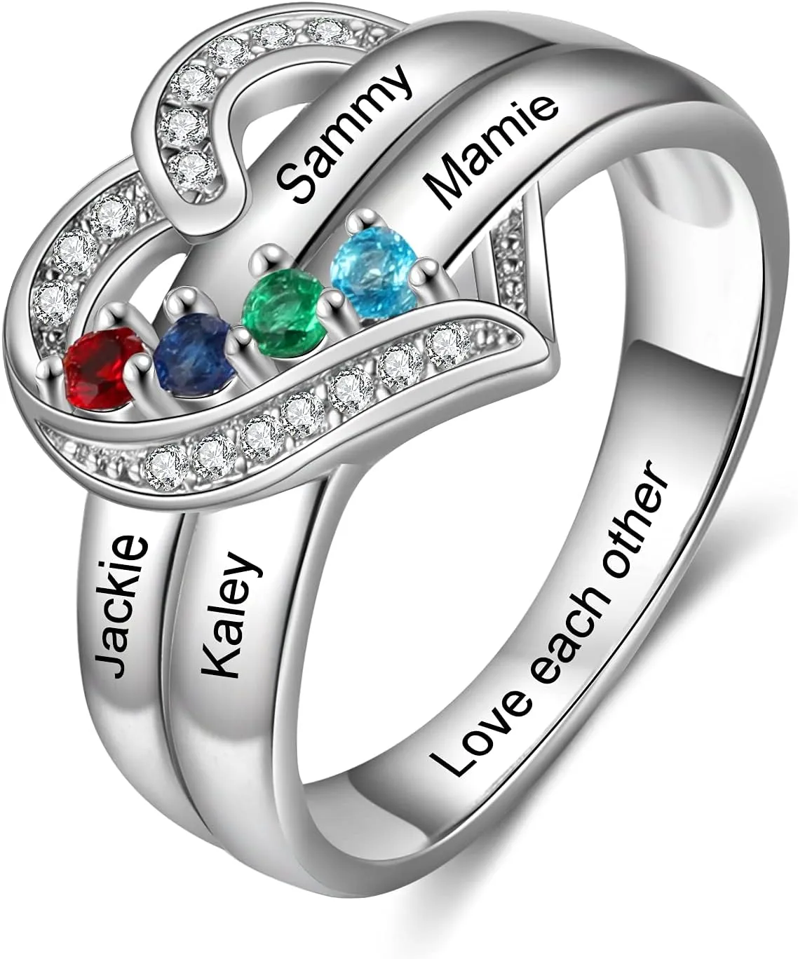 Personalized Mom Daughter Rings Custom Heart Ring with 1-8 Simulated Birthstones Promise Ring Engraved 1-8 Family Name Ring Jewelry Gift for Mother's Day