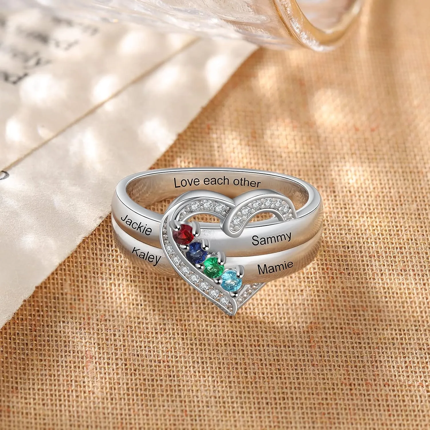Personalized Mom Daughter Rings Custom Heart Ring with 1-8 Simulated Birthstones Promise Ring Engraved 1-8 Family Name Ring Jewelry Gift for Mother's Day