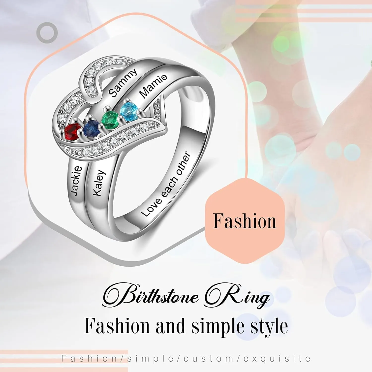 Personalized Mom Daughter Rings Custom Heart Ring with 1-8 Simulated Birthstones Promise Ring Engraved 1-8 Family Name Ring Jewelry Gift for Mother's Day