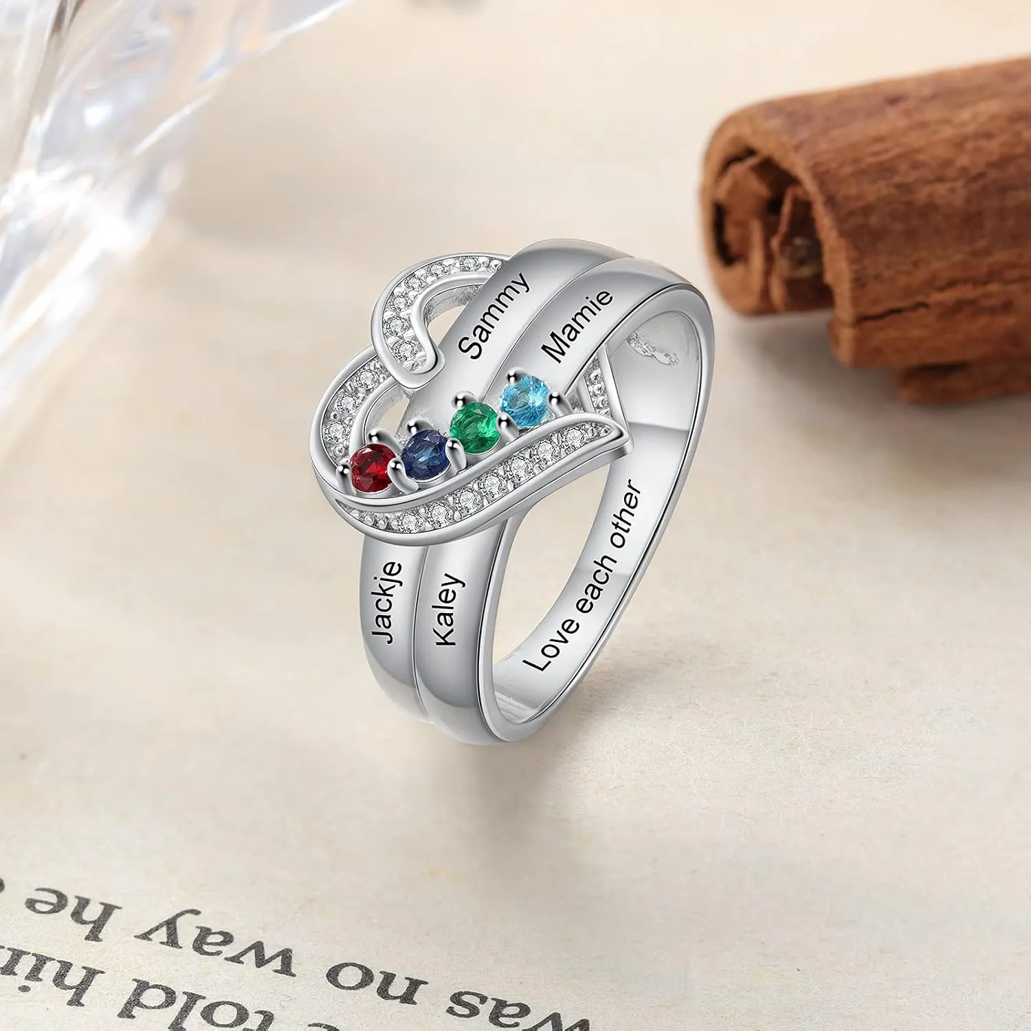 Personalized Mom Daughter Rings Custom Heart Ring with 1-8 Simulated Birthstones Promise Ring Engraved 1-8 Family Name Ring Jewelry Gift for Mother's Day