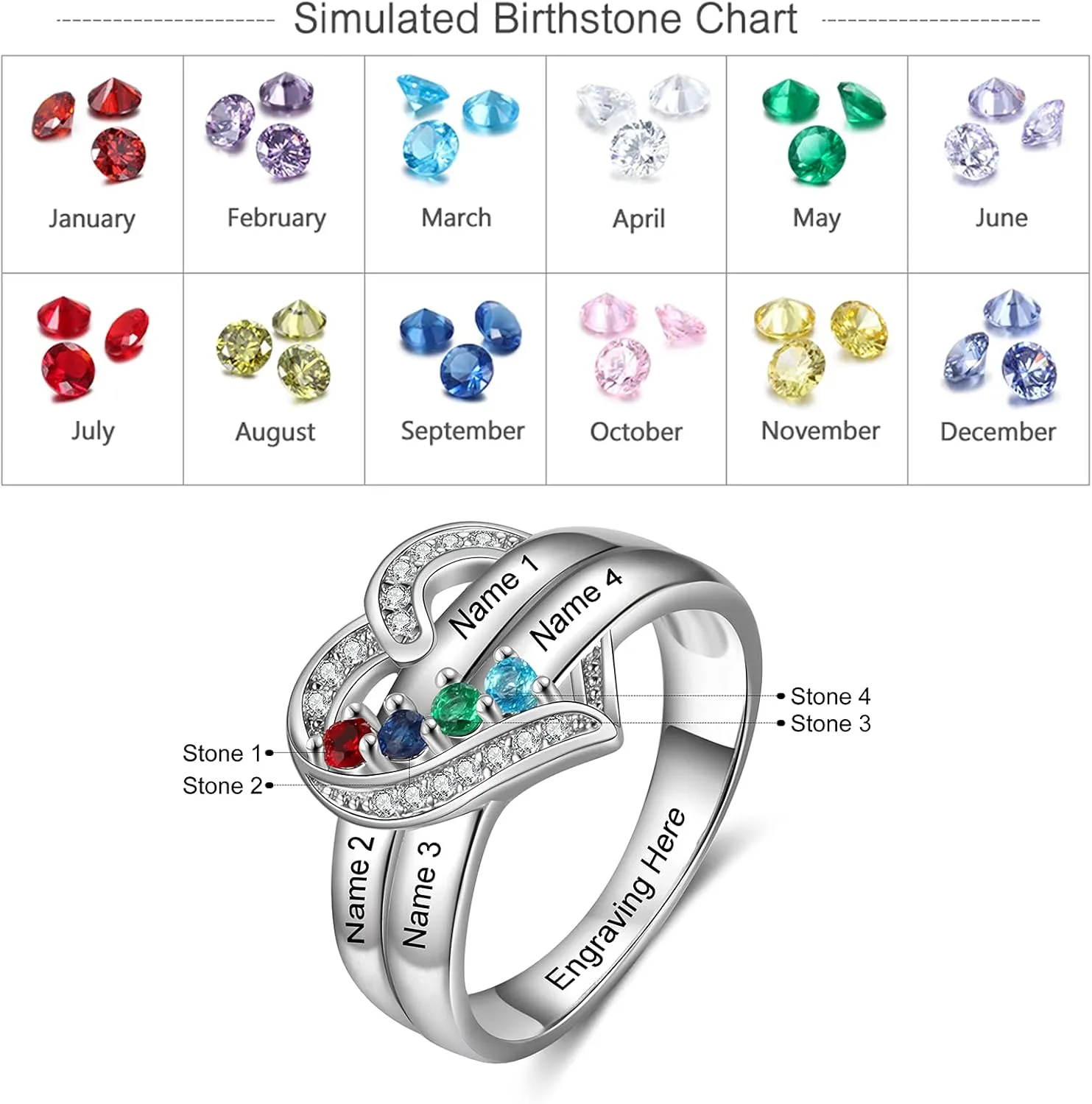 Personalized Mom Daughter Rings Custom Heart Ring with 1-8 Simulated Birthstones Promise Ring Engraved 1-8 Family Name Ring Jewelry Gift for Mother's Day