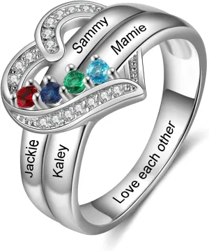 Personalized Mom Daughter Rings Custom Heart Ring with 1-8 Simulated Birthstones Promise Ring Engraved 1-8 Family Name Ring Jewelry Gift for Mother's Day