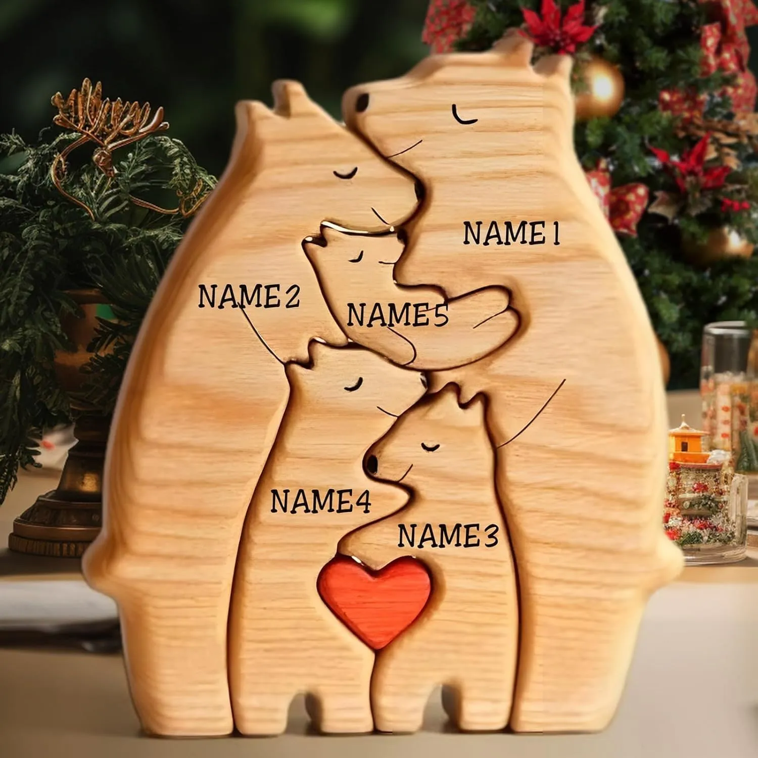 Personalized Wooden Bears with Name Customized Wooden with 1-8 Name Decorative Piece for Home Decor and Birthday Gifts for Mom, Dad, House Warming