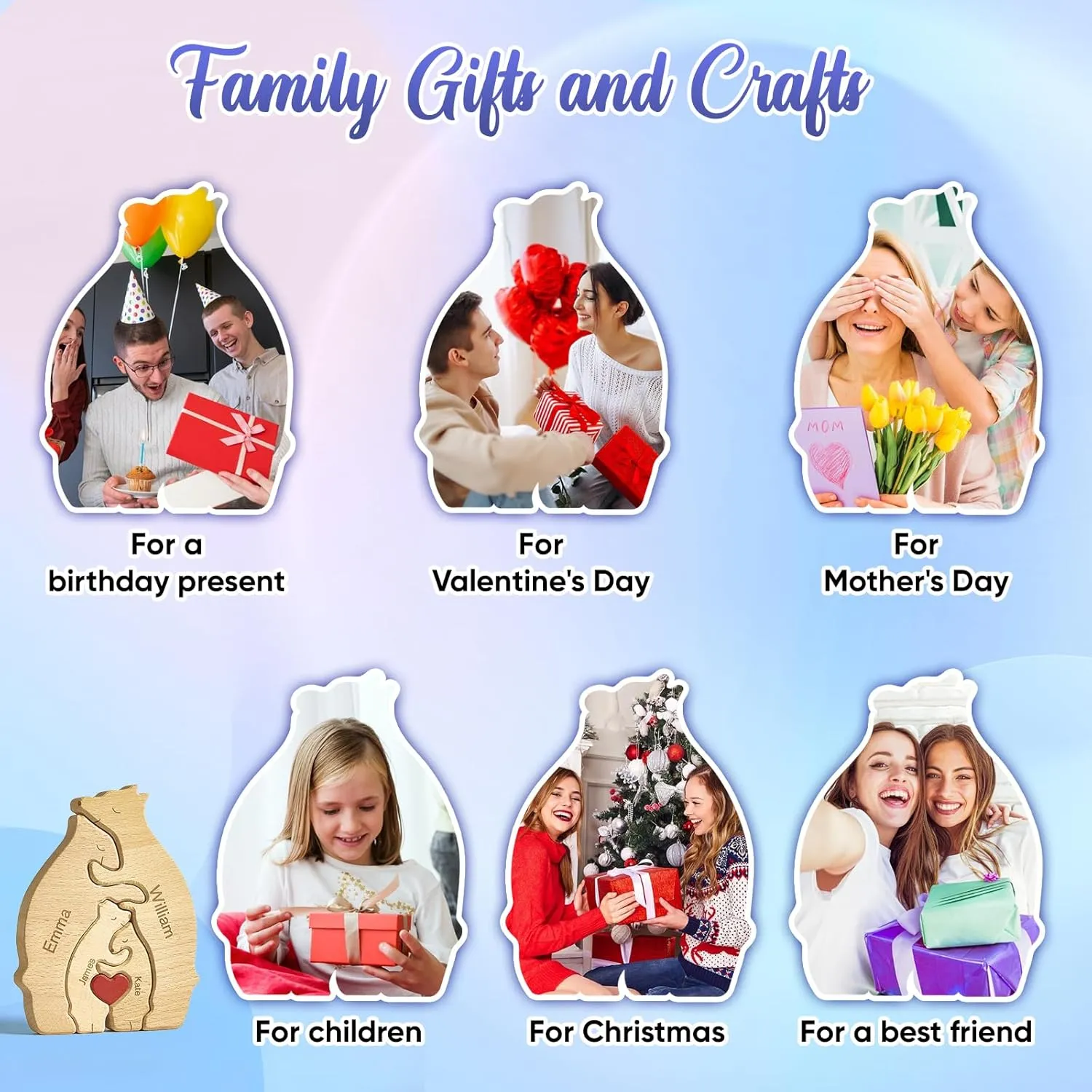 Personalized Wooden Bears with Name Customized Wooden with 1-8 Name Decorative Piece for Home Decor and Birthday Gifts for Mom, Dad, House Warming