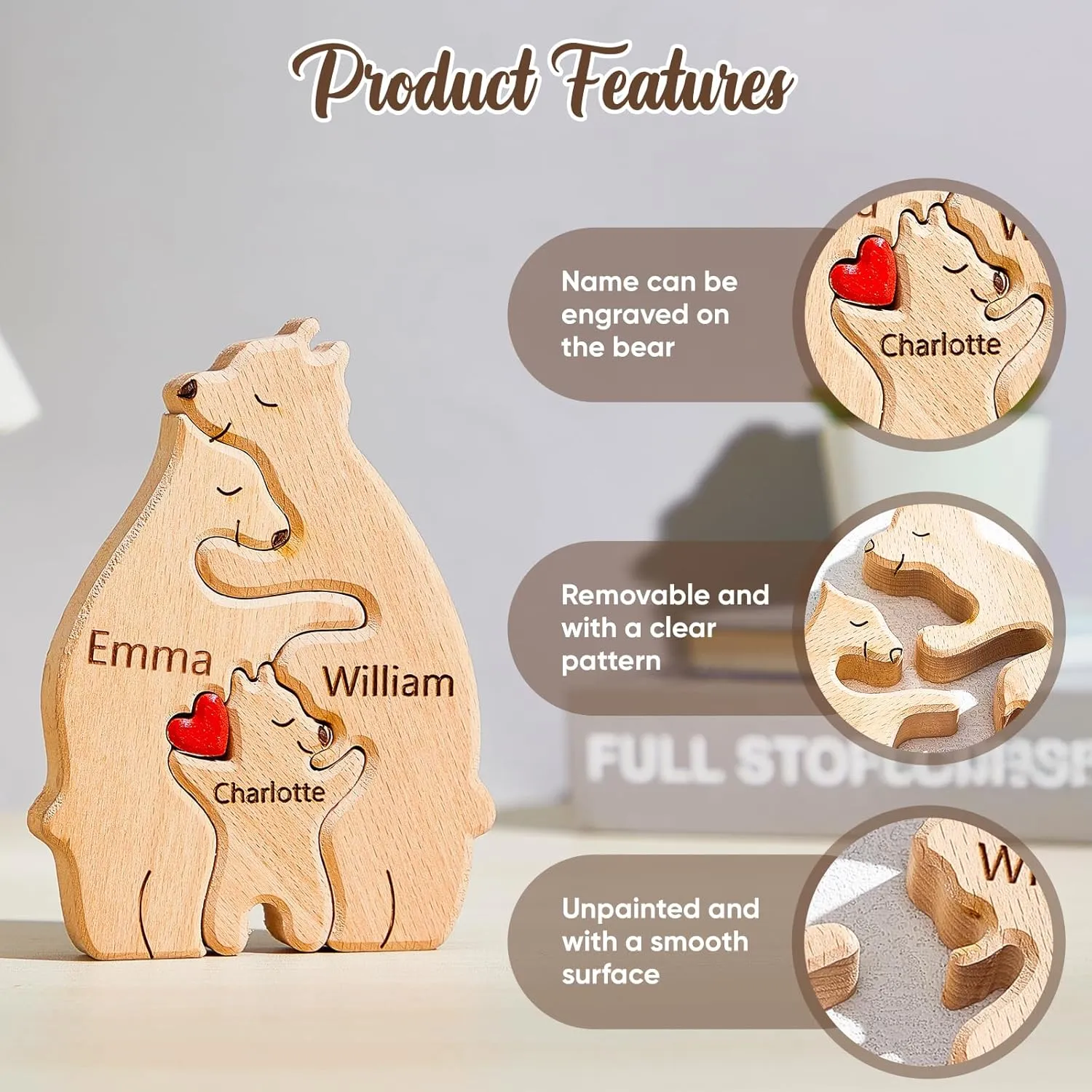 Personalized Wooden Bears with Name Customized Wooden with 1-8 Name Decorative Piece for Home Decor and Birthday Gifts for Mom, Dad, House Warming