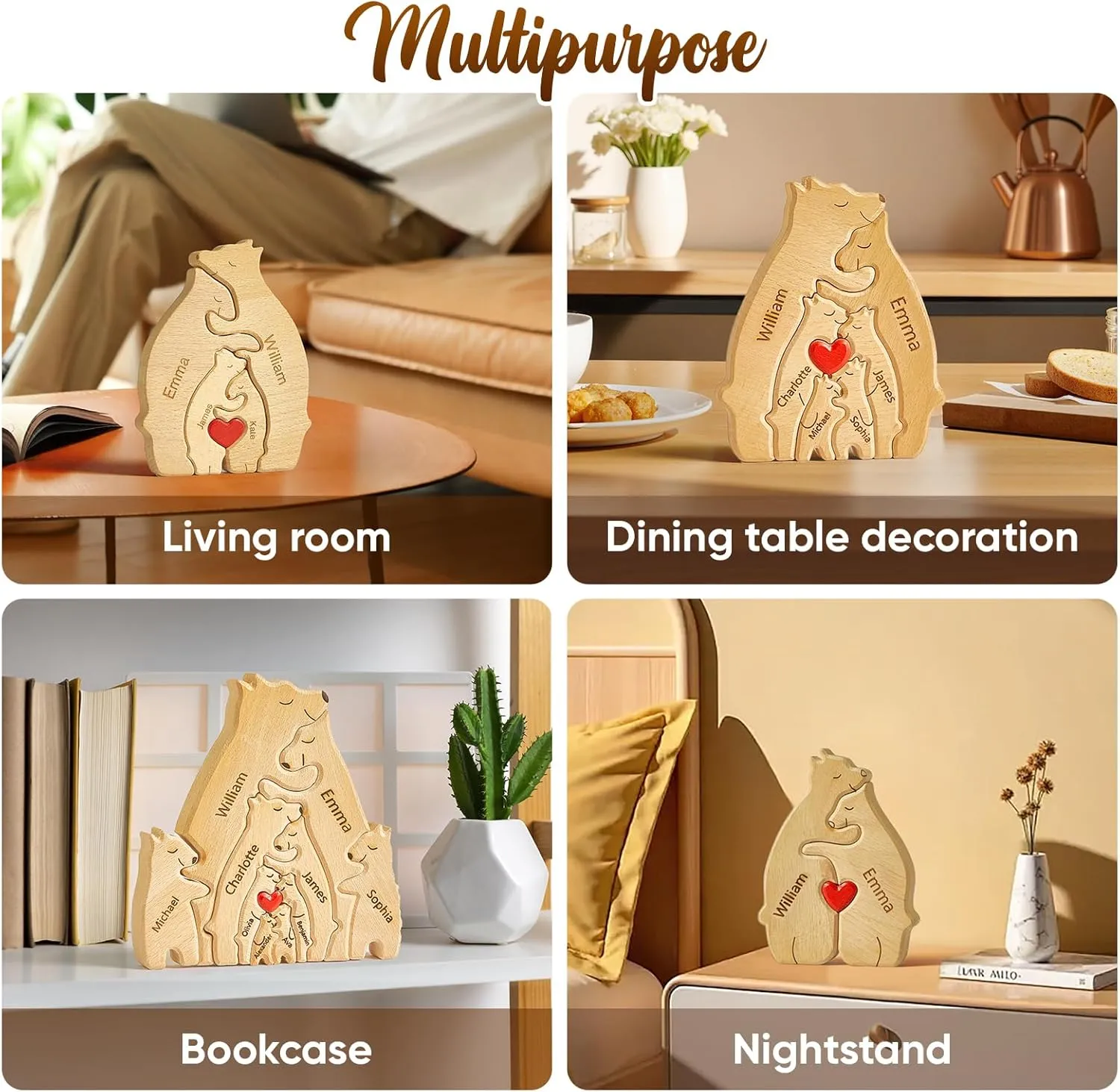 Personalized Wooden Bears with Name Customized Wooden with 1-8 Name Decorative Piece for Home Decor and Birthday Gifts for Mom, Dad, House Warming