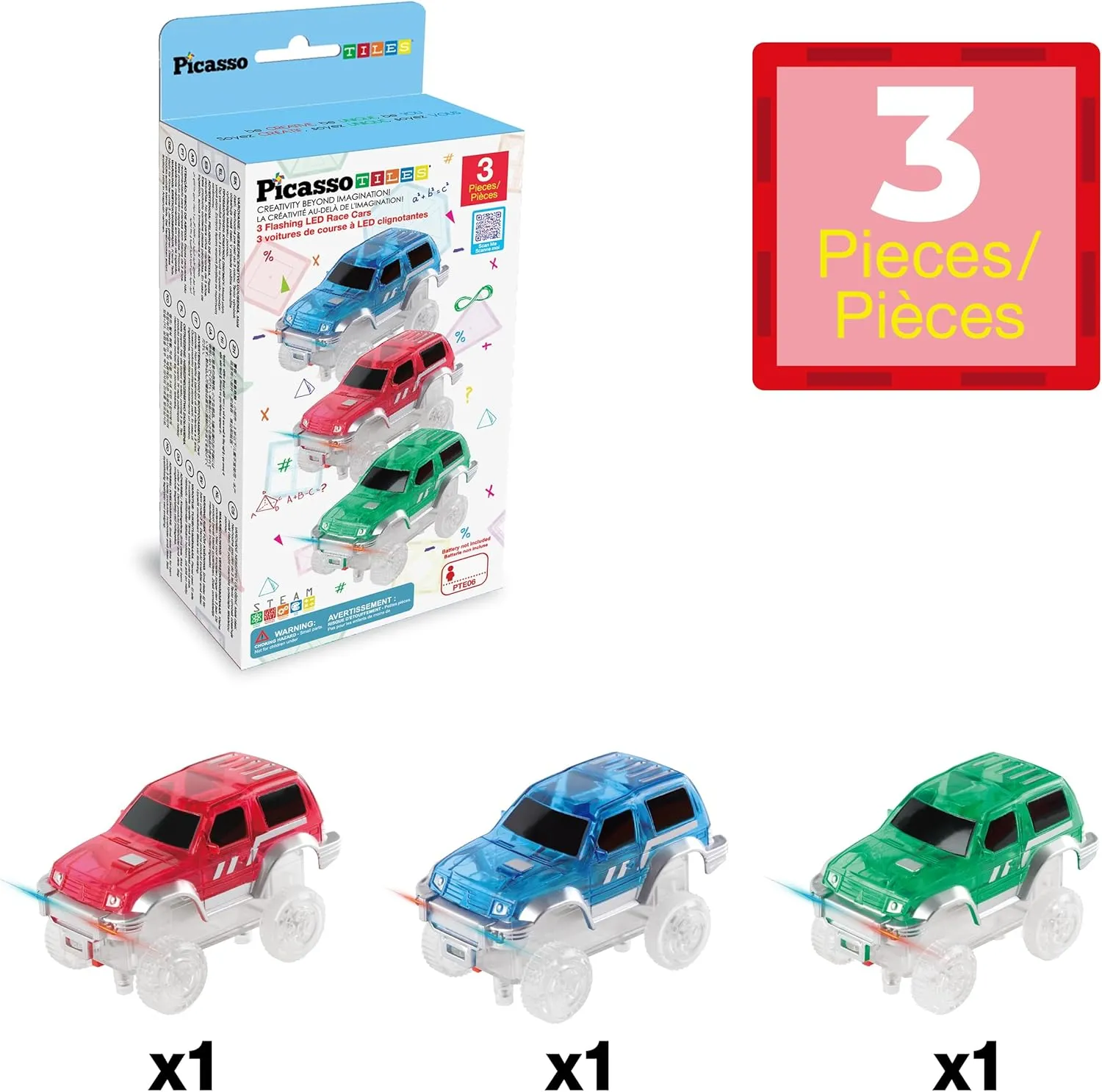 PicassoTiles 3 pcs Magnetic Toy Car Set Light Up LED Highly Detailed Compatible with Magnet Race Track STEM Truck Replacement Accessories Educational Building Kits for Toddlers Boys & Girls Ages 3 