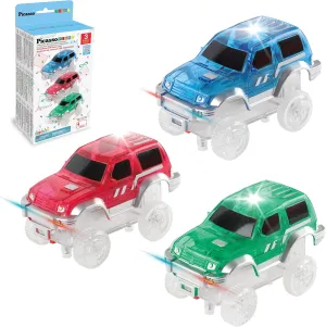 PicassoTiles 3 pcs Magnetic Toy Car Set Light Up LED Highly Detailed Compatible with Magnet Race Track STEM Truck Replacement Accessories Educational Building Kits for Toddlers Boys & Girls Ages 3 
