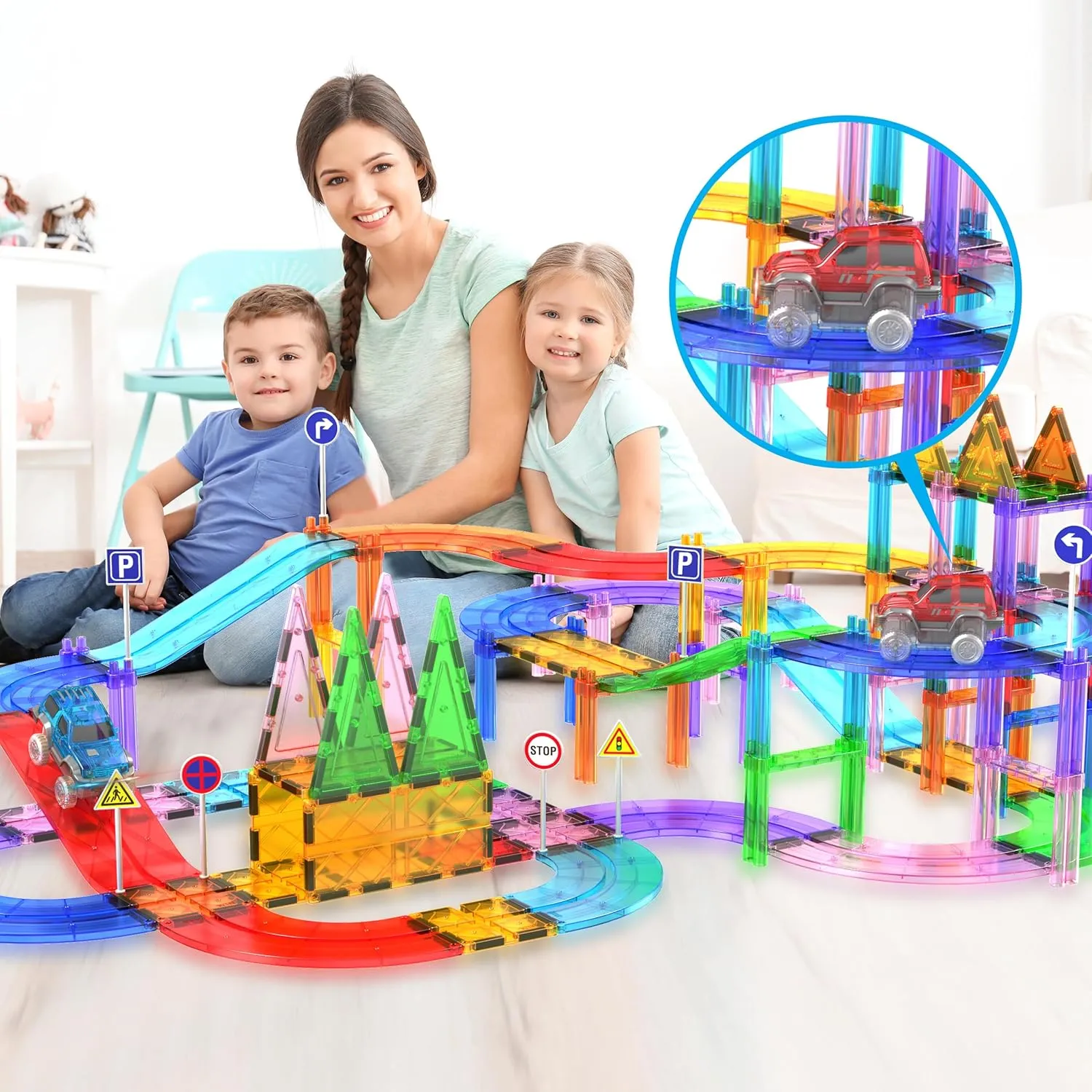 PicassoTiles 3 pcs Magnetic Toy Car Set Light Up LED Highly Detailed Compatible with Magnet Race Track STEM Truck Replacement Accessories Educational Building Kits for Toddlers Boys & Girls Ages 3 