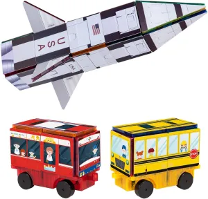 PicassoTiles Magnet Building Blocks STEM Learning Construction Toy Set Early Education Kit 3-in-1 Rocket, School Bus, Train Theme Stick-On Puzzle Pretend Play Magnetic Tiles Kids Building Block Toys