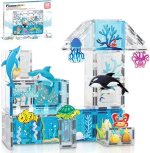 PicassoTiles Magnet Tiles Magnetic Building Blocks Aquarium Marine Animal Theme Set with 8 Character Action Figures Shark Crab Turtle STEM Toys Construction Preschool Toddlers Kids Boys Girls 3  PTQ15