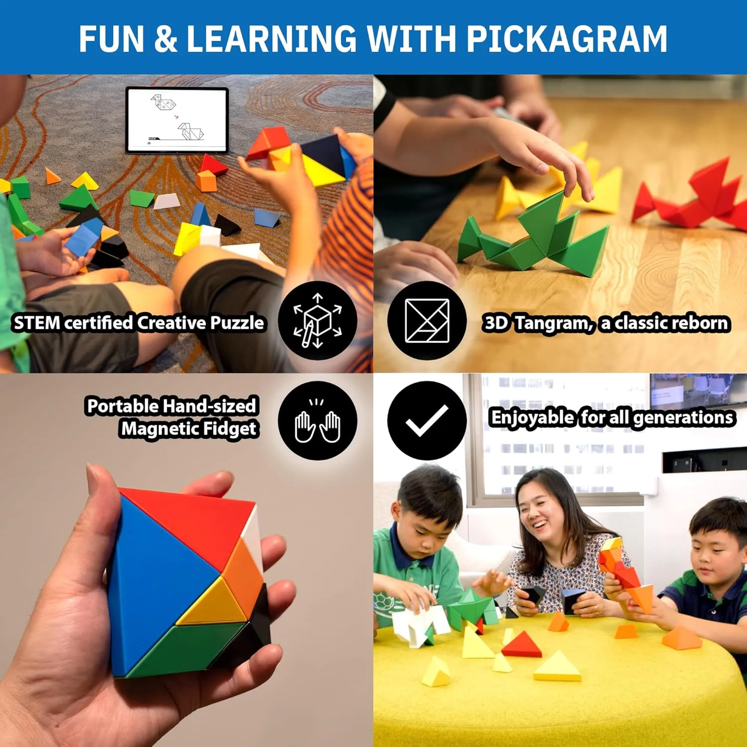 Pickagram Tangrams for Kids Ages 8-12 & Adults 3D Magnetic Tangram Fidget Puzzle: STEM Certified Magnetic Pattern Blocks (White)