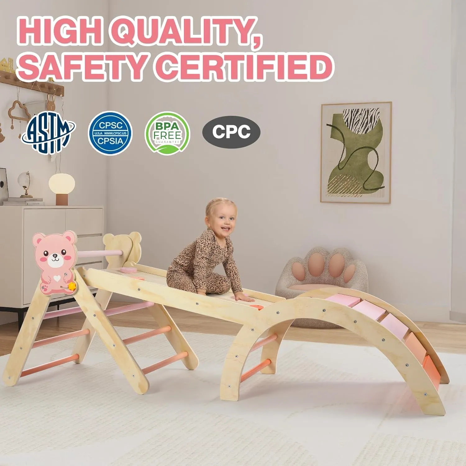 Pikler Triangle Set with Cushion, 7 in 1 Climbing Toys for Toddlers Inside, Montessori Foldable Climbing Set, Wooden Climbing Toys Indoor with Arch, Ramp and Ladder(Bear)