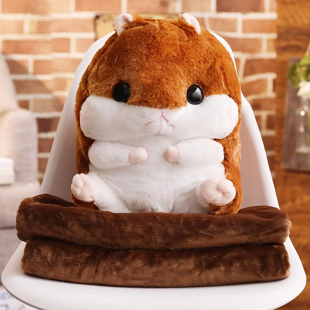 Plush Hamster Stuffed Animal Toys Hamster Throw Pillow with Blanket 19.7 Inches Dark Brown