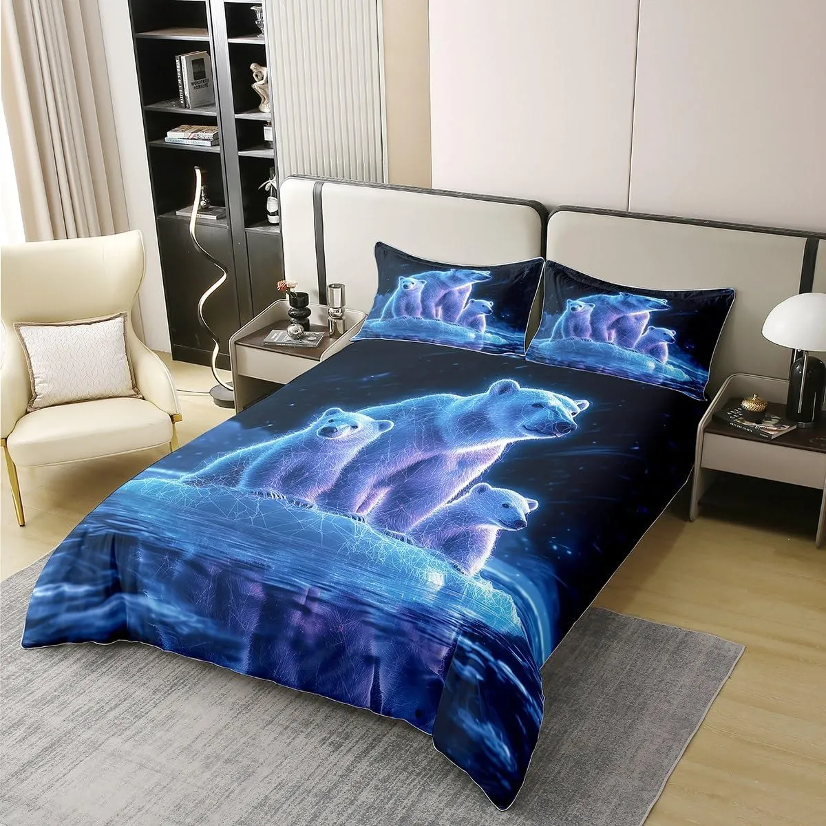 Polar Bear Duvet Cover 100% Cotton King,Arctic Animal Bedding Set for Kids Boys Girls Room Decor,Night Galaxy Iceberg Pole Bear Wildlife Ocean Theme Microfiber Comforter Cover 3Pcs with 2 Pillowcases