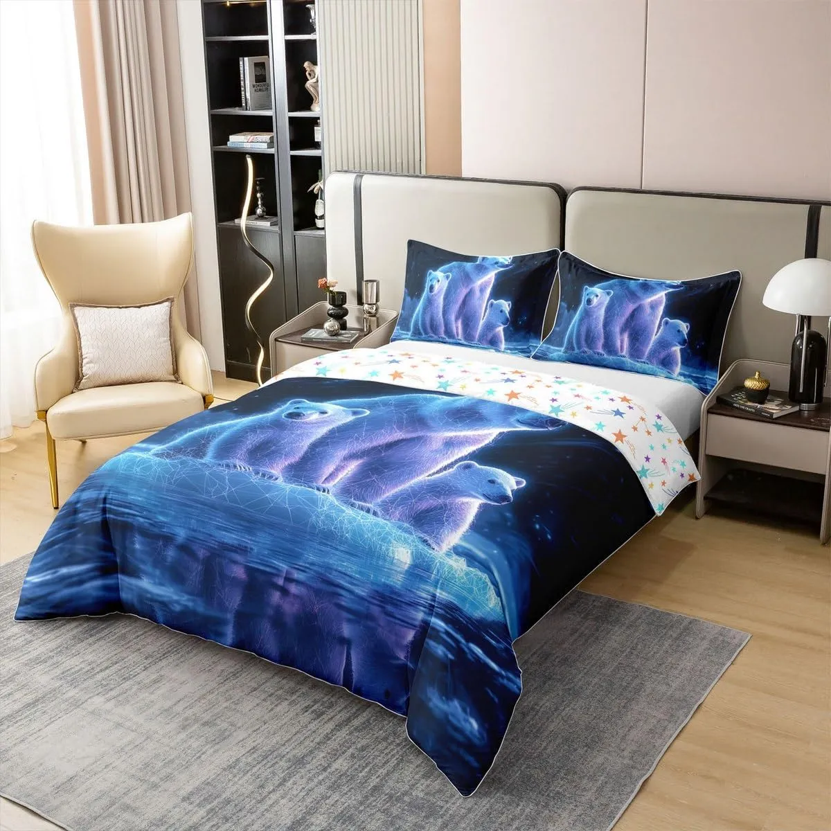 Polar Bear Duvet Cover 100% Cotton King,Arctic Animal Bedding Set for Kids Boys Girls Room Decor,Night Galaxy Iceberg Pole Bear Wildlife Ocean Theme Microfiber Comforter Cover 3Pcs with 2 Pillowcases
