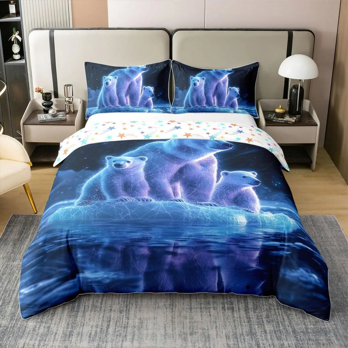 Polar Bear Duvet Cover 100% Cotton King,Arctic Animal Bedding Set for Kids Boys Girls Room Decor,Night Galaxy Iceberg Pole Bear Wildlife Ocean Theme Microfiber Comforter Cover 3Pcs with 2 Pillowcases