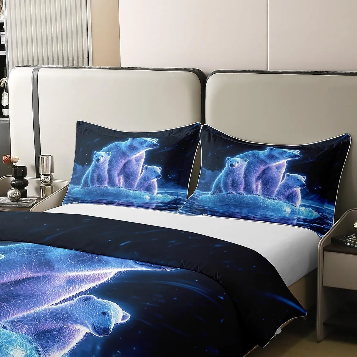 Polar Bear Duvet Cover 100% Cotton King,Arctic Animal Bedding Set for Kids Boys Girls Room Decor,Night Galaxy Iceberg Pole Bear Wildlife Ocean Theme Microfiber Comforter Cover 3Pcs with 2 Pillowcases