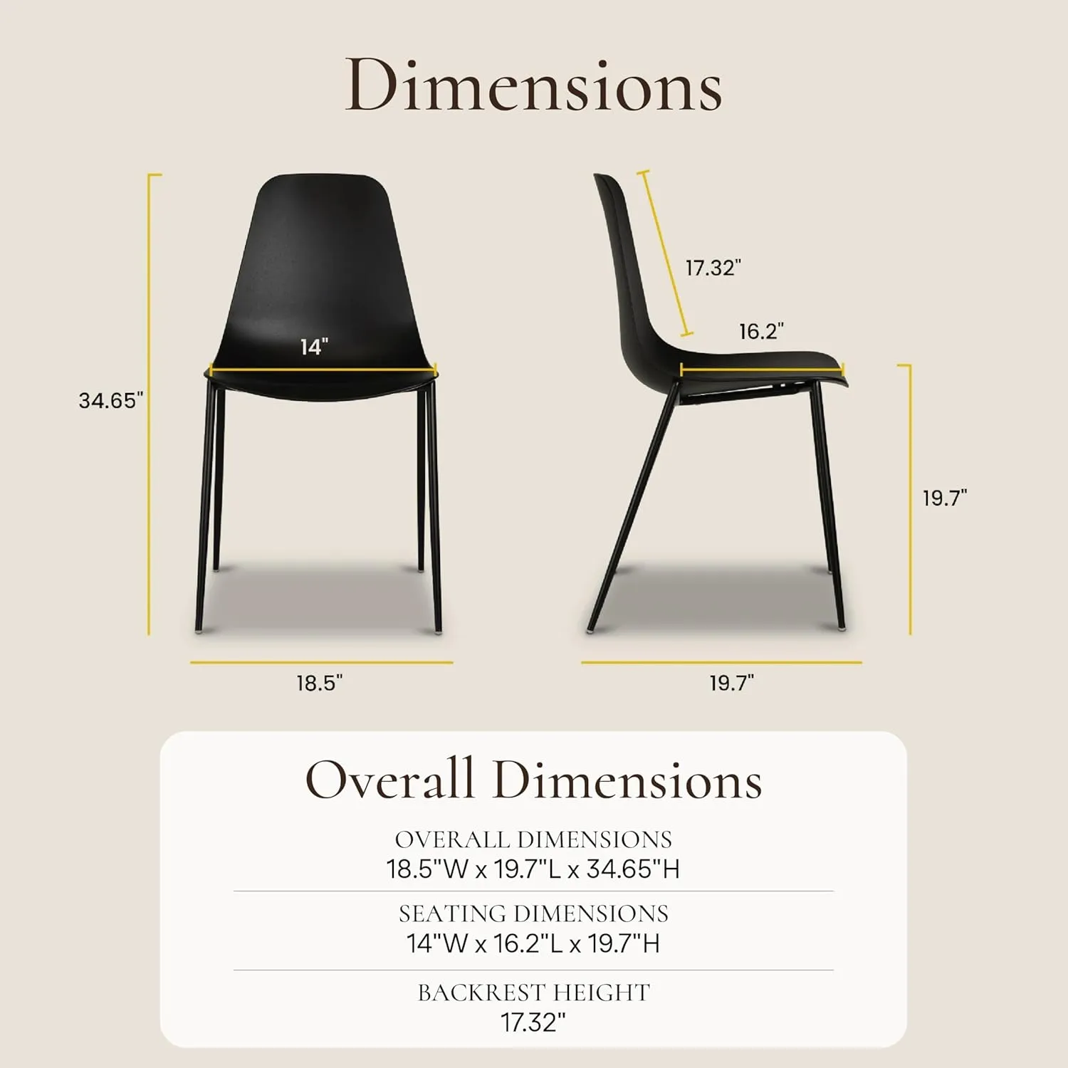 POLY & BARK Isla Modern Kitchen Chairs Set of 4 - Plastic Dining Chair with Metal Legs - Quick Assembly Simple Cafe Chairs Plastic for Indoor or Outdoor - Ebony Black