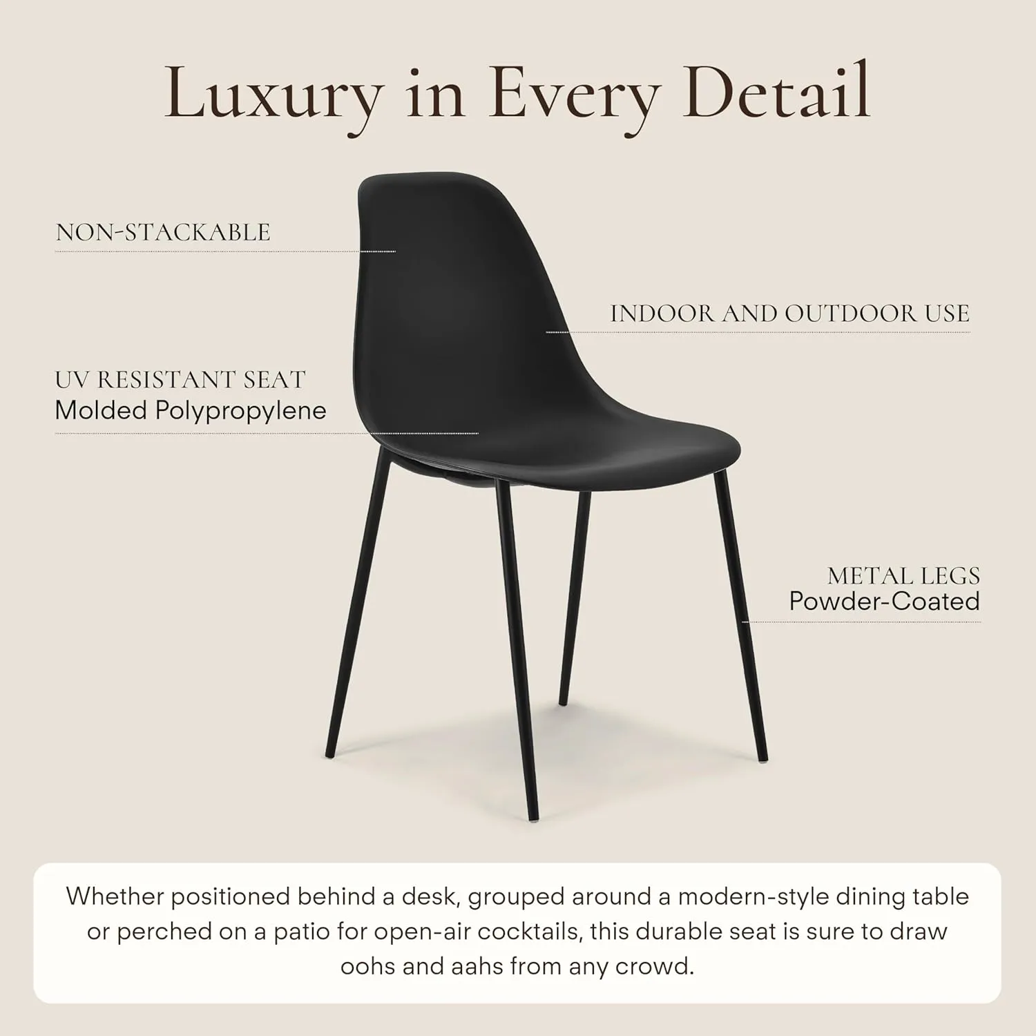 POLY & BARK Isla Modern Kitchen Chairs Set of 4 - Plastic Dining Chair with Metal Legs - Quick Assembly Simple Cafe Chairs Plastic for Indoor or Outdoor - Ebony Black