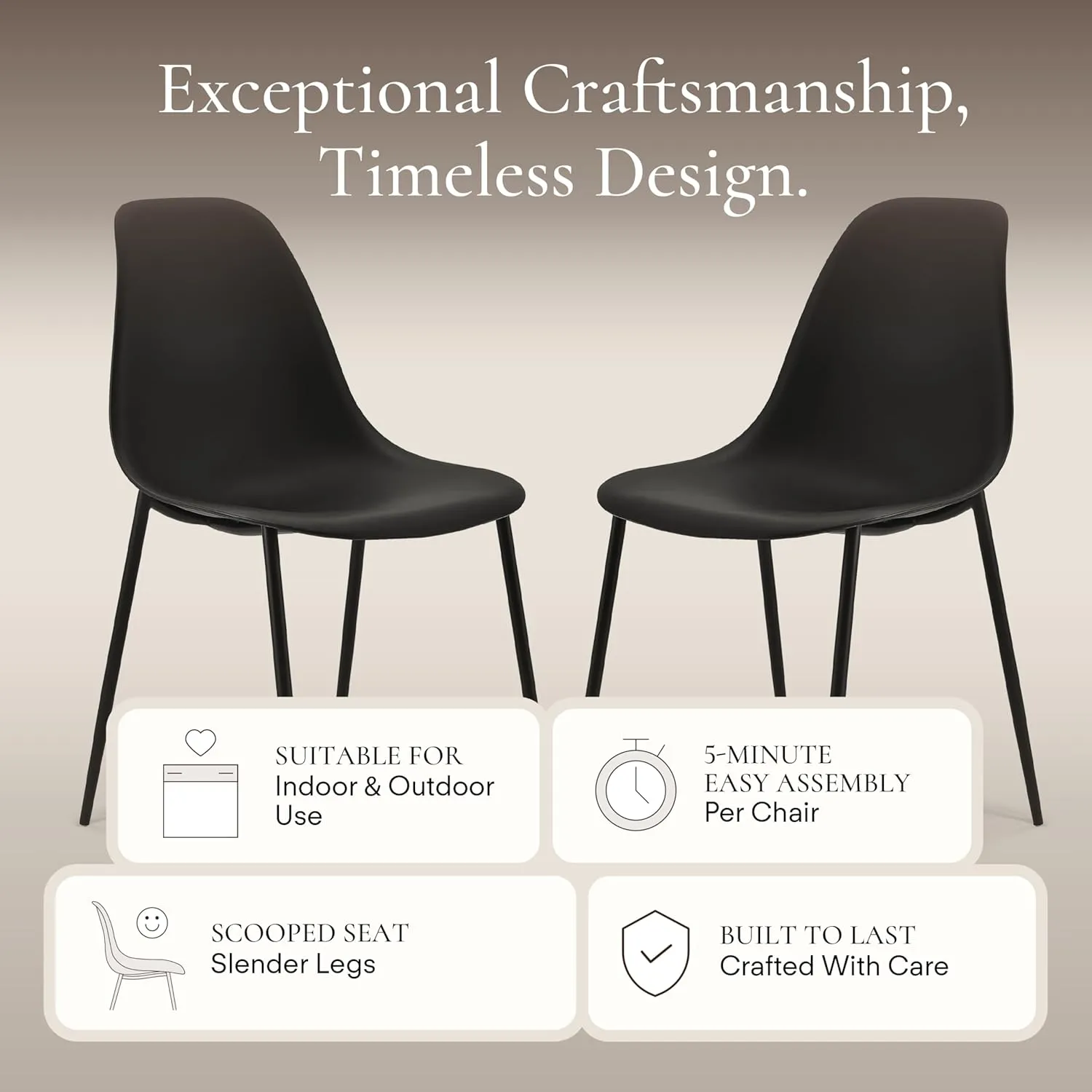 POLY & BARK Isla Modern Kitchen Chairs Set of 4 - Plastic Dining Chair with Metal Legs - Quick Assembly Simple Cafe Chairs Plastic for Indoor or Outdoor - Ebony Black