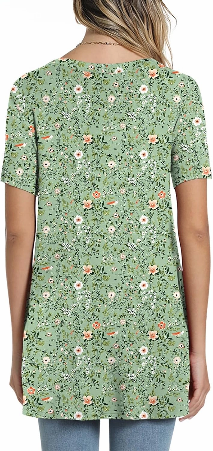 POPYOUNG Women's Summer Long Tunic Top To Wear With Leggings Short Sleeve Shirt Loose Fit Dressy