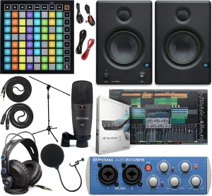 PreSonus AudioBox 96 Audio Interface Full Studio Kit w/Studio One Artist Software Pack w/Novation Launchpad Mini MK3 64-Pad MIDI Grid Controller for Ableton Live, Eris 3.5 Pair Studio Monitors